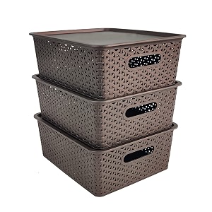 homestrap set of 3 plastic storage organizersbaskets with lid for kitchen clothes multipurpose vegetables toys books office stationery wardrobemedium brown