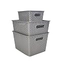 Homestrap Set Of 3 Plastic Storage Organizers/baskets With Lid For Kitchen, Clothes, Multipurpose Vegetables, Toys, Books, Office, Stationery, Wardrobe(Small, Medium, Large | Grey)