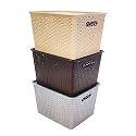 HomeStrap Rectangular Set Of 3 Large Plastic Storage Organizers/Baskets With Lid For Kitchen, Clothes, Multipurpose Vegetables, Toys, Books, Office, Stationery, Wardrobe(Biscuit, Grey, Brown)