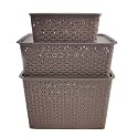 HomeStrap Rectangular Set Of 3 Plastic Storage Organizers/Baskets With Lid For Kitchen, Clothes, Multipurpose Vegetables, Toys, Books, Office, Stationery, Wardrobe(Small, Medium, Large | Brown)