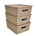 Homestrap Set Of 3 Plastic Storage Organizers/Baskets With Lid For Kitchen, Clothes, Multipurpose Vegetables, Toys, Books, Office, Stationery, Wardrobe(Medium| Biscuit) Rectangular