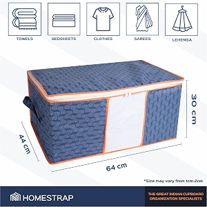 homestrap printed underbed storage bag  blanket cover  organizer navy blue with orange border  pack of 2