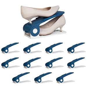 homestrap plastic shoe organizer slot pack of 12 greywhite adjustable  space saver  double deck shoes storage holder for rack and shelf 25x10x12 cm