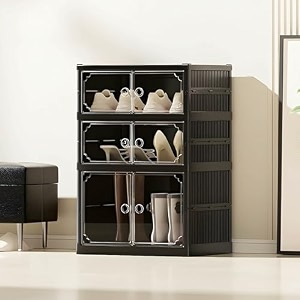 homestrap shoe stack foldable shoe organizer with wheels  fits 6 pairs  3-slot shoe rack with clear magnetic doors  dust amp moisture-proof multipurpose storage for entryways bedrooms  black