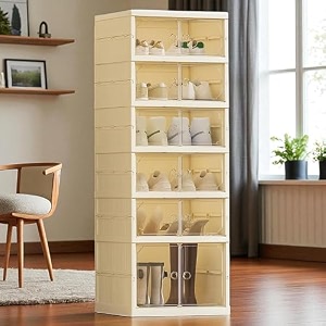 homestrap shoe stack foldable shoe organizer with wheels  fits 12 pairs  6-slot shoe rack with clear magnetic doors  dust amp moisture-proof multipurpose storage for entryways bedrooms amp more