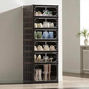 homestrap shoe stack foldable shoe organizer with wheels  fits 6 pairs  3-slot shoe rack with clear magnetic doors  dust amp moisture-proof multipurpose storage for entryways bedrooms  black