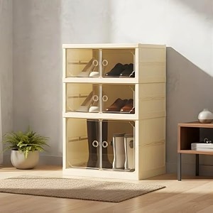 homestrap shoe stack foldable shoe organizer with wheels  fits 6 pairs  3-slot shoe rack with clear magnetic doors  dust amp moisture-proof multipurpose storage for entryways bedrooms  off white