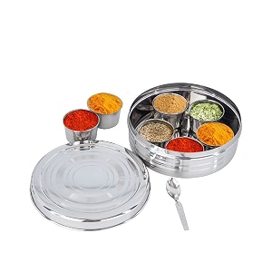 stainless steel masalaspice dabba with mini spoonsilver 7u