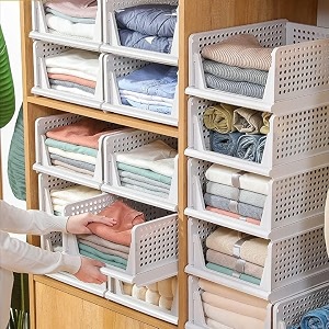 homifly set of 10 large foldable cloth storage organizerstackable wardrobe organizer for clothesmultipurpose sliding basketrack organiser for storageshirt stacker box 44 x 33 x 181 cm white