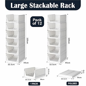 homifly set of 12 large foldable cloth storage organizerstackable wardrobe organizer for clothesmultipurpose sliding basketrack organiser for storageshirt stacker box 44 x 33 x 218 cm white