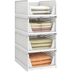homifly set of 4 large foldable cloth storage organizerstackable wardrobe organizer for clothesmultipurpose sliding basketrack organiser for storageshirt stacker box 44 x 33 x 72 cm white
