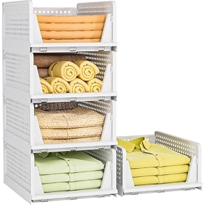 homifly set of 5 large foldable cloth storage organizerstackable wardrobe organizer for clothesmultipurpose sliding basketrack organiser for storageshirt stacker box 44 x 33 x 91 cm white