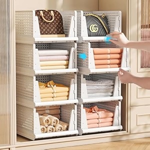 homifly set of 2 large foldable cloth storage organizerstackable wardrobe organizer for clothesmultipurpose sliding basketrack organiser for storageshirt stacker box 44 x 33 x 36 cm white