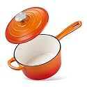 Homikit Small Cast Iron Pot, 2 QT Enameled Cast Iron Sauce Pan with Lid, Heavy Duty Enamel Dutch Oven Kitchen Cookware for Making Pasta, Boiling Soup, Warming Milk, Nonstick &amp; Oven Safe, Flame Orange