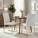 Hommoo Dining Chairs Set of 2, Faux Leather Upholstered Kitchen Chair, Padded Seat Armless Dining Room Chair with Gold Metal Leg, Modern Dinner Chairs for Restaurant Living Room White