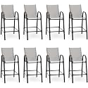 HOMREST Outdoor Bar Height Stools Set of 8,High Back Patio Chairs with Armrests,Textilene Chairs with Breathable Fabric &amp; Metal Frame for All Weather,Light Grey
