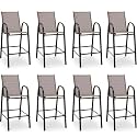 HOMREST Outdoor Bar Height Stools Set of 8,High Back Patio Chairs with Armrests,Textilene Chairs with Breathable Fabric &amp; Metal Frame for All Weather,Taupe