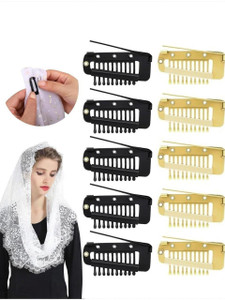 honey accessories 10pcs chunni dupatta clips with safety pin 10-teeth strong extension clips hair clip black gold