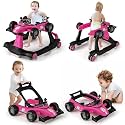 HONEY JOY 4-in-1 Baby Walker, Activity Push Walker w/3 Adjustable Heights, Smooth Wheels w/Adjustable Speed, Padded Seat, Music &amp; Light, Foldable Car Walker for Baby Boys Girls Age 6 Months+ (Pink)