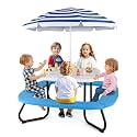 HONEY JOY Kids Picnic Table, 8 Person Toddler Outdoor Table and Chair Set, 4 Built-in Benches, Removable Umbrella, Metal Frame &amp; HDPE Top, Children Outdoor Furniture for Backyard Patio Garden (Blue)
