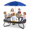 HONEY JOY Kids Picnic Table, 8 Person Toddler Outdoor Table and Chair Set, 4 Built-in Benches, Removable Umbrella, Metal Frame &amp; HDPE Top, Children Outdoor Furniture for Backyard Patio Garden (Coffee)
