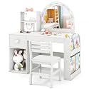 HONEY JOY Kids Vanity with Lights and Open Bookshelf, Princess Makeup Dressing Desk, Storage Cabinet, Wooden Pretend Play Toddler Vanity Table &amp; Chair Set with Lighted Mirror for Little Girls (White)