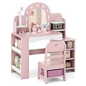 HONEY JOY Kids Vanity, Wooden Girls Vanity Set with Lighted Mirror & Open Bookshelf, Ring Slot & Jewelry Storage, Toddler Makeup Vanity Desk Dressing Table, Kids Vanity Table and Chair Set (Pink)