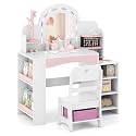 HONEY JOY Kids Vanity, Wooden Girls Vanity Set with Lighted Mirror & Open Bookshelf, Ring Slot & Jewelry Storage, Toddler Makeup Vanity Desk Dressing Table, Kids Vanity Table and Chair Set (White)