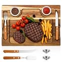 Honeydak 1 Set Acacia Wooden Steak Board Steak Plate Cutting Board with Fork, Knife and Sauce Cups 15.7 Inches Wood Serving Tray for Cheese Charcuterie Meat and Poultry, Birthday Wedding Gift