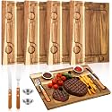 Honeydak 4 Set Acacia Wooden Steak Board Steak Plate Cutting Board with Fork, Knife and Sauce Cups 15.7 Inches Wood Serving Tray for Cheese Charcuterie Meat and Poultry, Birthday Wedding Gift