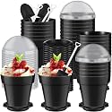 Honeydak 50 Pack Flowerpot Dessert Cup Plastic Cake Cups with Lid Shovel Spoon Bottom Tray Small Flower Pot Cups Dessert Ice Cream Yogurt Containers Holder for Ice Cream DIY(Black)