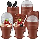 Honeydak 50 Pack Flowerpot Dessert Cup Plastic Cake Cups with Lid Shovel Spoon Bottom Tray Small Flower Pot Cups Dessert Ice Cream Yogurt Containers Holder for Ice Cream DIY(Brown)