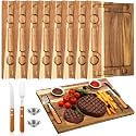 Honeydak 8 Set Acacia Wooden Steak Board Steak Plate Cutting Board with Fork, Knife and Sauce Cups 15.7 Inches Wood Serving Tray for Cheese Charcuterie Meat and Poultry, Birthday Wedding Gift