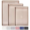 HONGBAKE Baking Sheet Pan Set of 3, Cookie Sheets for Oven, Nonstick Half/Quarter/Jelly Roll Pans with Diamond Texture Pattern, 0.8mm Thick Heavy Duty Cookie Tray, Champagne Gold