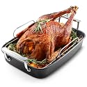 HONGBAKE Roasting Pan with Rack, 17.6×11 Inch Nonstick Roaster Pan for 17 lb Turkey, Chicken and Lasagna, Deep Turkey Pan for Oven, Heavy Duty Oven Roaster Tray, Wider Handles, Gray