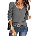 Hongqizo Womens V Neck Sweater Half Zip Stripe Jumper Pullover Knit Tops