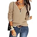 Hongqizo Womens V Neck Sweater Half Zip Stripe Jumper Pullover Knit Tops