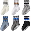 HONGTEYA 6 Pack Baby Toddler Grip Socks with Non-Slip Stripe Grippy Crew Socks for Boys Girls Kids Seamless Toe 1-8 Years