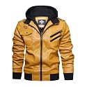 HOOD CREW Men’s Casual Stand Collar PU Faux Leather Zip-Up Motorcycle Bomber Jacket With a Removable Hood