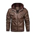 HOOD CREW Men’s Casual Stand Collar PU Faux Leather Zip-Up Motorcycle Bomber Jacket With a Removable Hood