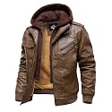 HOOD CREW Men’s Casual Stand Collar PU Faux Leather Zip-Up Motorcycle Bomber Jacket With a Removable Hood