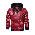 HOOD CREW Men’s Casual Stand Collar PU Faux Leather Zip-Up Motorcycle Bomber Jacket With a Removable Hood