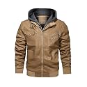 HOOD CREW Men’s Casual Stand Collar PU Faux Leather Zip-Up Motorcycle Bomber Jacket With a Removable Hood