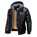 HOOD CREW Men’s Casual Stand Collar PU Faux Leather Zip-Up Motorcycle Bomber Jacket With a Removable Hood