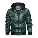 HOOD CREW Men’s Casual Stand Collar PU Faux Leather Zip-Up Motorcycle Bomber Jacket With a Removable Hood