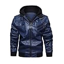 HOOD CREW Men’s Casual Stand Collar PU Faux Leather Zip-Up Motorcycle Bomber Jacket With a Removable Hood