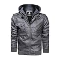 HOOD CREW Men’s Casual Stand Collar PU Faux Leather Zip-Up Motorcycle Bomber Jacket With a Removable Hood