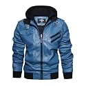 HOOD CREW Men’s Casual Stand Collar PU Faux Leather Zip-Up Motorcycle Bomber Jacket With a Removable Hood