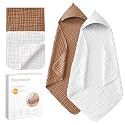 Hooded Baby Towels for Newborn, 2 Pack 32x32 Inch Muslin Cotton Baby Bath Towel and 12x12 Inch Washcloth Set with Hood for Babies, Toddler and Kids, Essentials Must Haves (White and Coffee)