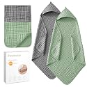 Hooded Baby Towels for Newborn, 2 Pack 32x32 Inch Muslin Cotton Baby Bath Towel and 12x12 Inch Washcloth Set with Hood for Babies, Toddler and Kids, Essentials Must Haves (Grey and Green)